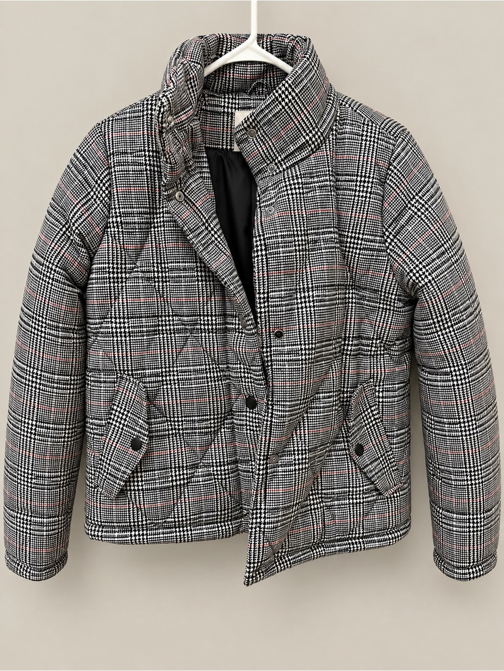 a new day Black & White Plaid Quilted Puffer Jacket with Subtle Red Accents